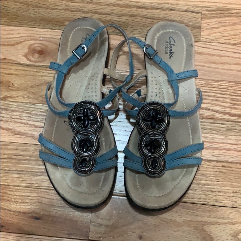 Clark's sandals with black bead work, size 8.5